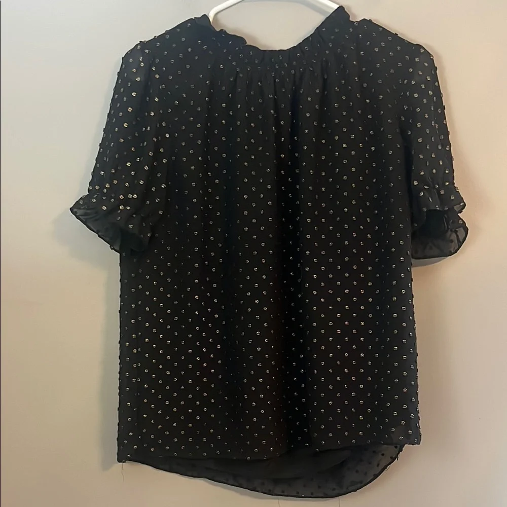 J. Crew Black and Gold Ruffleneck Top with Foil Clip Dot Size M